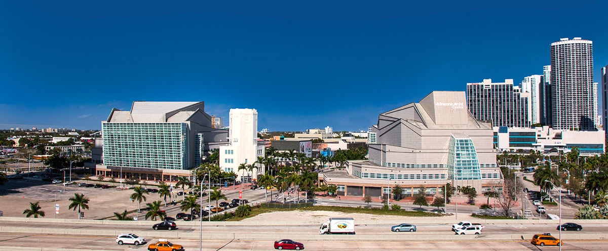 Architectural overhead view of the Miami Adrienne Arsht Center for Performing Arts.